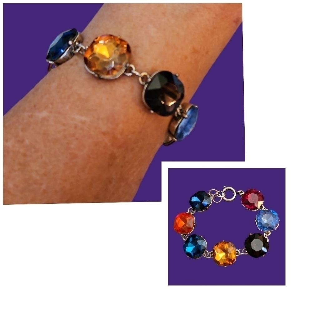 Vintage 1980s Rainbow Glass Faceted Cushion Gem Chunky Link Bracelet